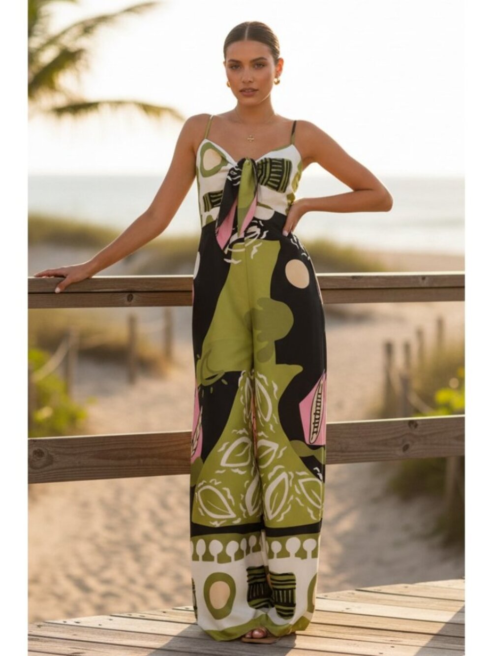 Tie Knot Cutout Bodice Sweetheart Neck Side Slit Pockets Wide Leg Pant Jumpsuit